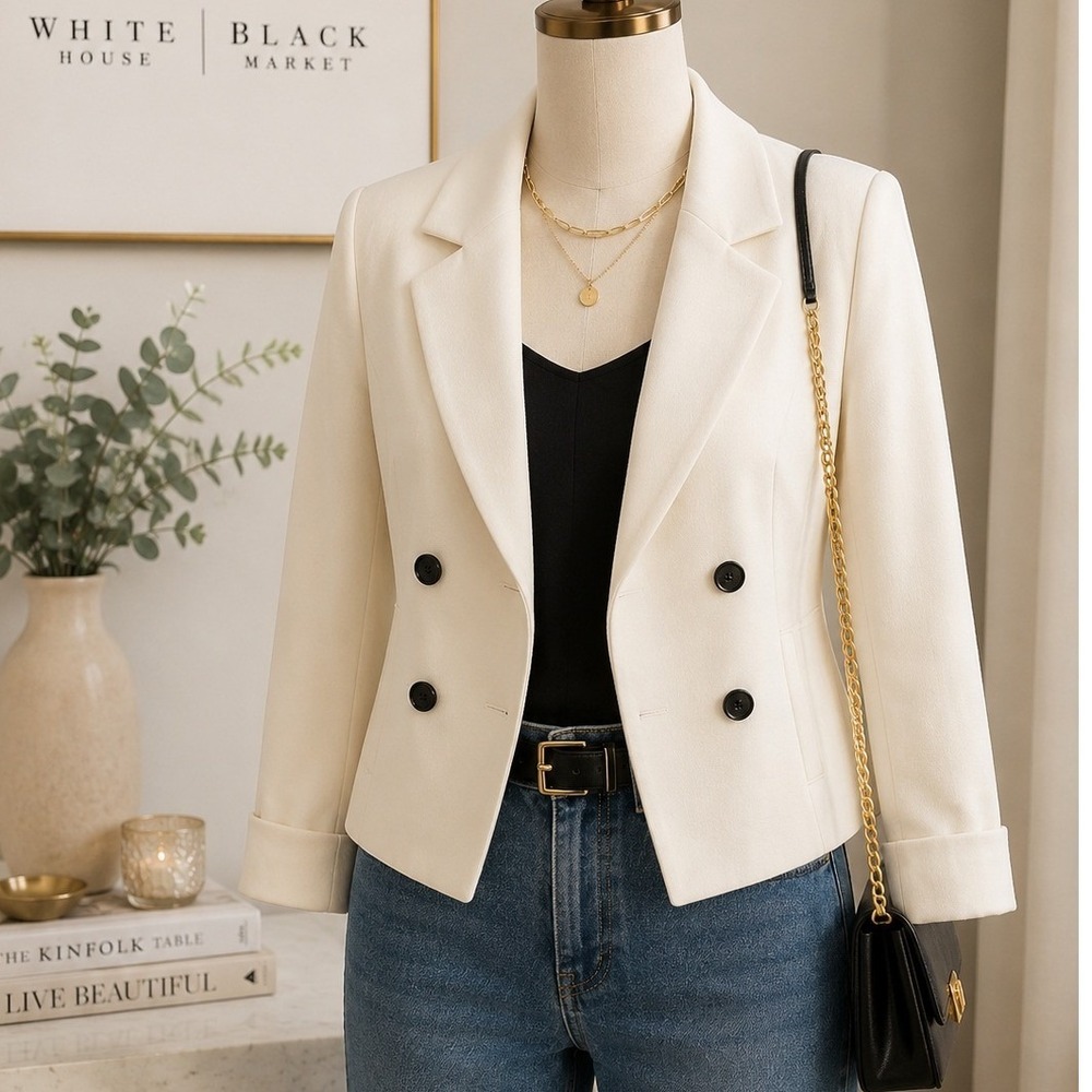 White House Black Market Womens Peacoat Ivory Double Breasted Cropped 10